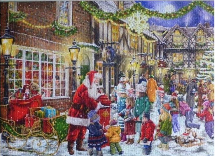 A cozy winter street scene at Christmas featuring Santa Claus greeting children near his sleigh.