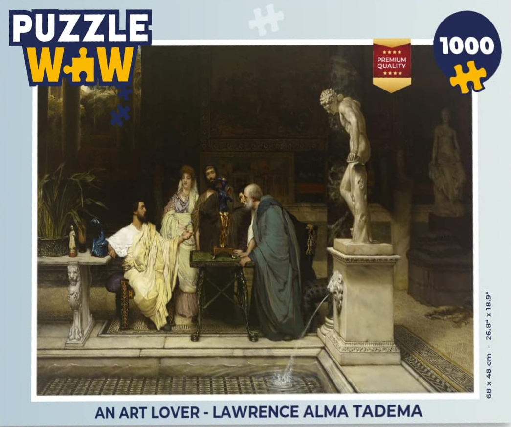 A classical oil painting depicting four figures examining a small sculpture inside a Roman-style interior.