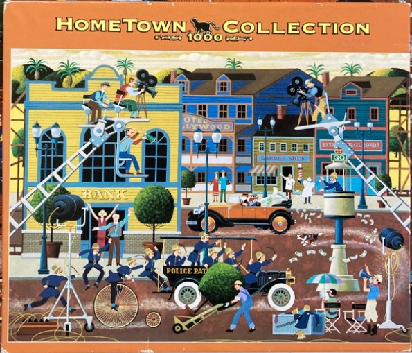 Illustration of a lively movie set filming on a bustling town street with vintage cars and characters.