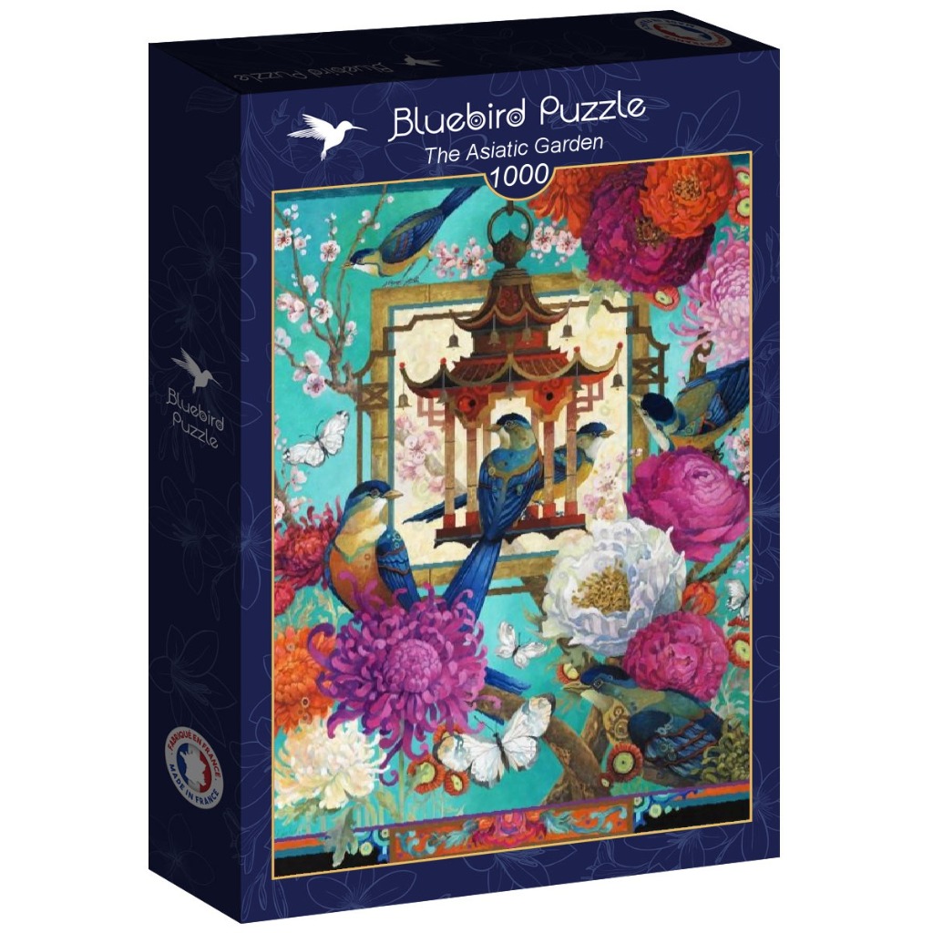 Illustration of blue birds, colorful chrysanthemums, and a decorative pagoda in an Asiatic garden setting.