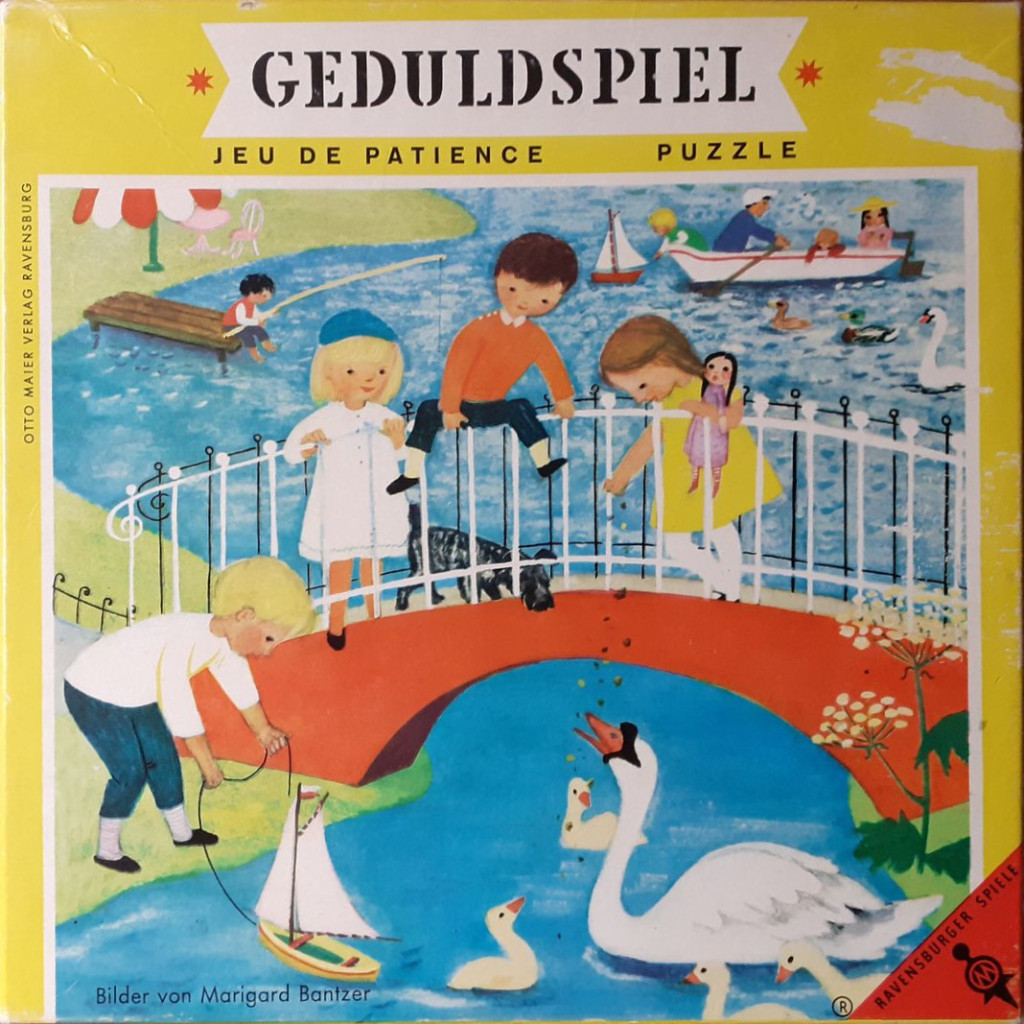 Vintage illustration of children at a park lake with swans and a toy boat.