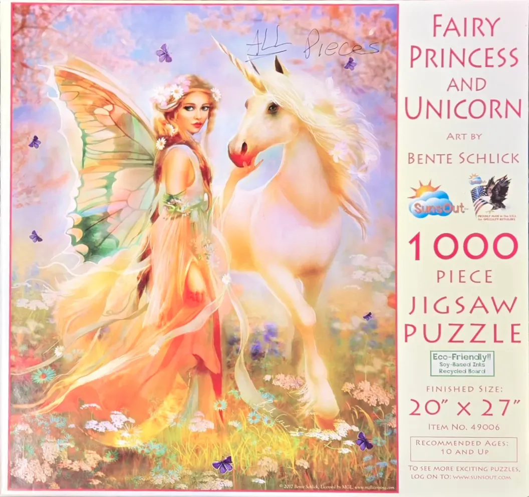 A fairy princess with golden butterfly wings and a white unicorn in a flowery meadow under a soft spring sky.