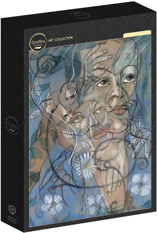 Surreal illustration of three overlapping female faces intertwined with white flowers and vines against a blue background.