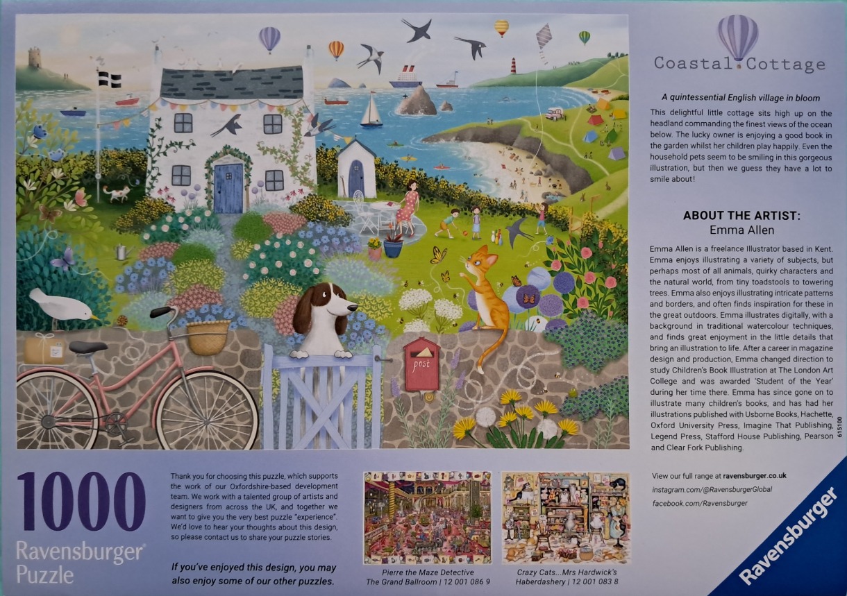 A whimsical illustration of a white coastal cottage set against a vibrant green headland and blue ocean scenery.