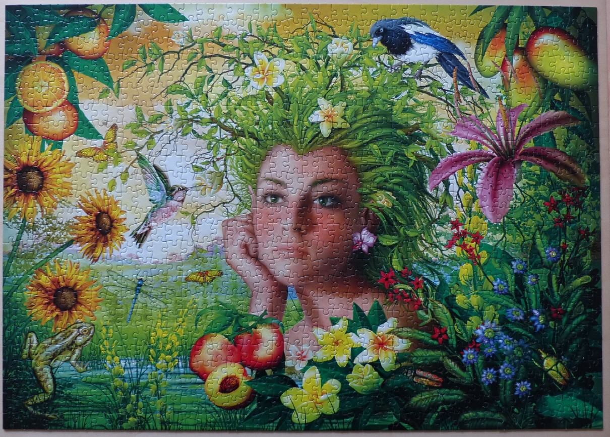 Fantasy illustration of a woman whose hair is made of lush green foliage and flowers in a vibrant nature setting.