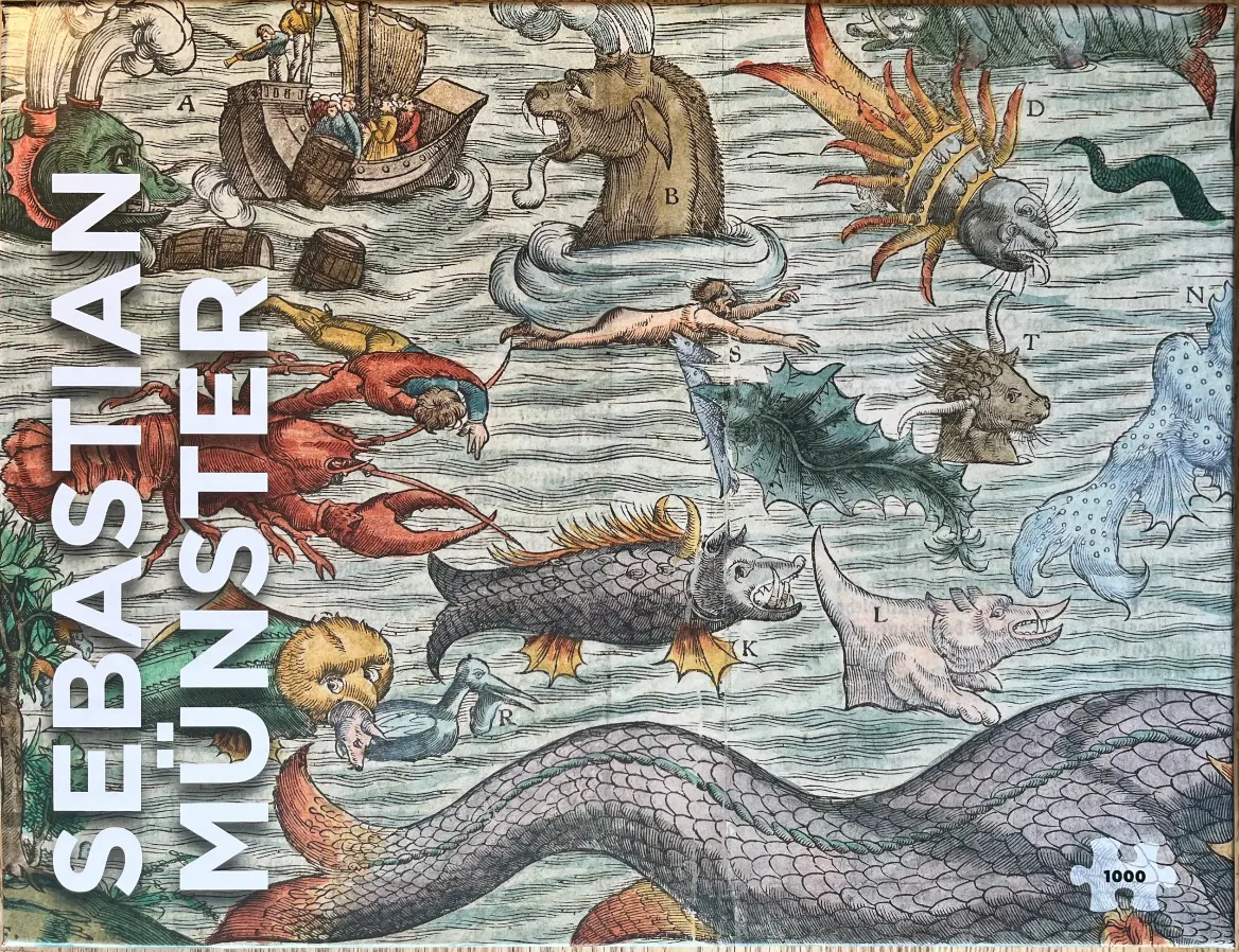Historical map-style illustration of mythical sea monsters and a ship on churning water