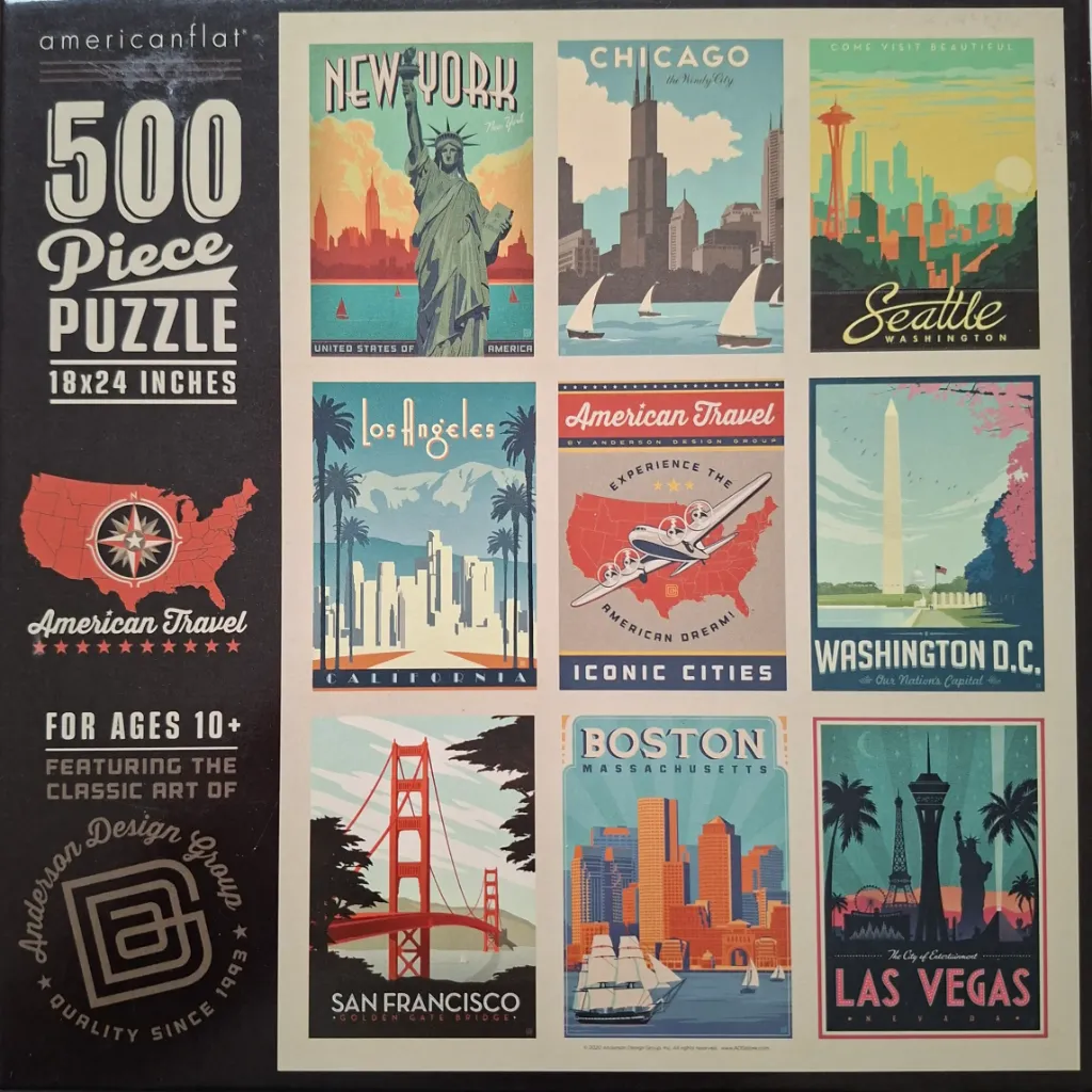 A collage of nine vintage-style travel posters depicting famous American cities and landmarks.