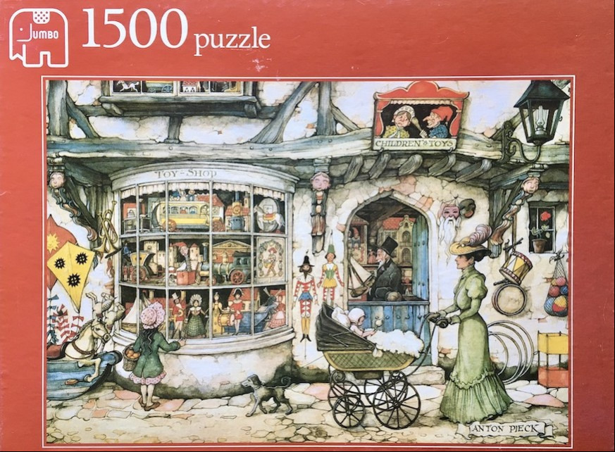Illustration of a quaint toy shop front with a woman pushing a pram, a child looking in the window, and an elderly man.