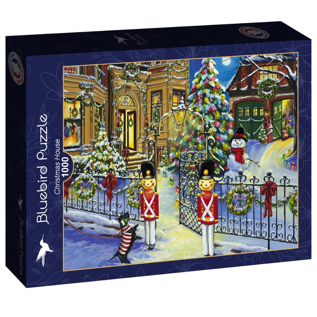 A nighttime Christmas scene of a house decorated for the holidays with two toy soldiers at the front gate.