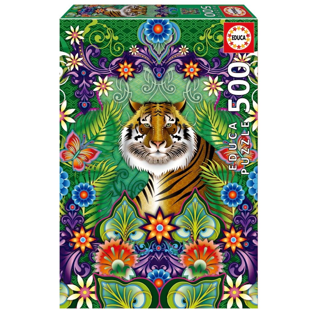 A symmetrical digital illustration of a tiger centered among vibrant, stylized tropical flowers and decorative patterns.