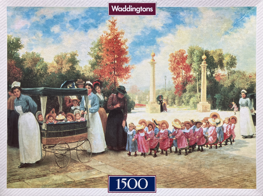 An oil painting of two nurses supervising a large group of small children in a park.