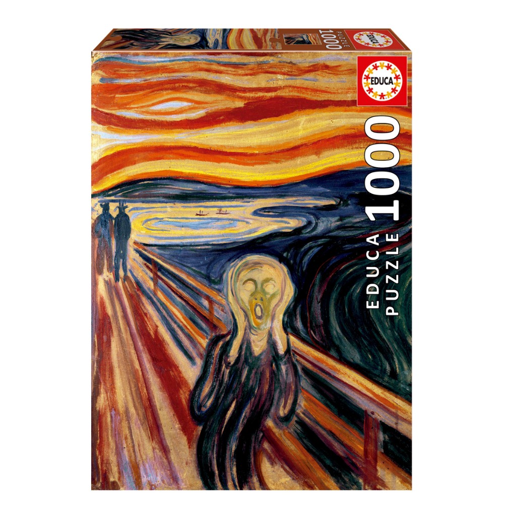 A print of The Scream by Edvard Munch showing a figure in anguish on a bridge under a swirling, blood-red sky.