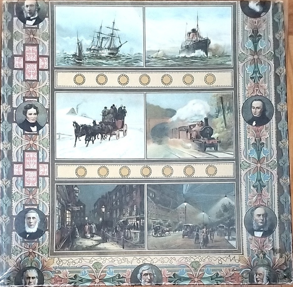 Vintage illustration grid featuring historical transportation scenes and portrait medallions.