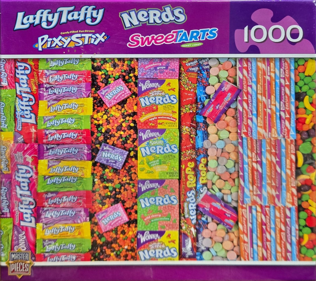 A collage of various colorful candies including Laffy Taffy, Nerds, and Pixy Stix.