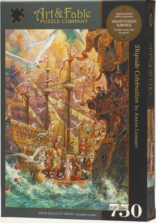 An ornate, crowded galleon ship decorated with red ribbons and flags sailing through a bustling, dreamlike sea.