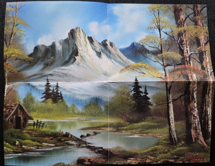 A peaceful landscape featuring a snow-capped mountain, a small rustic cabin by a stream, and surrounding forest trees.