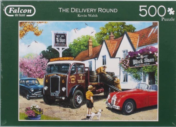 A nostalgic painting of a vintage delivery truck and a red sports car outside a country inn called The Black Swan.