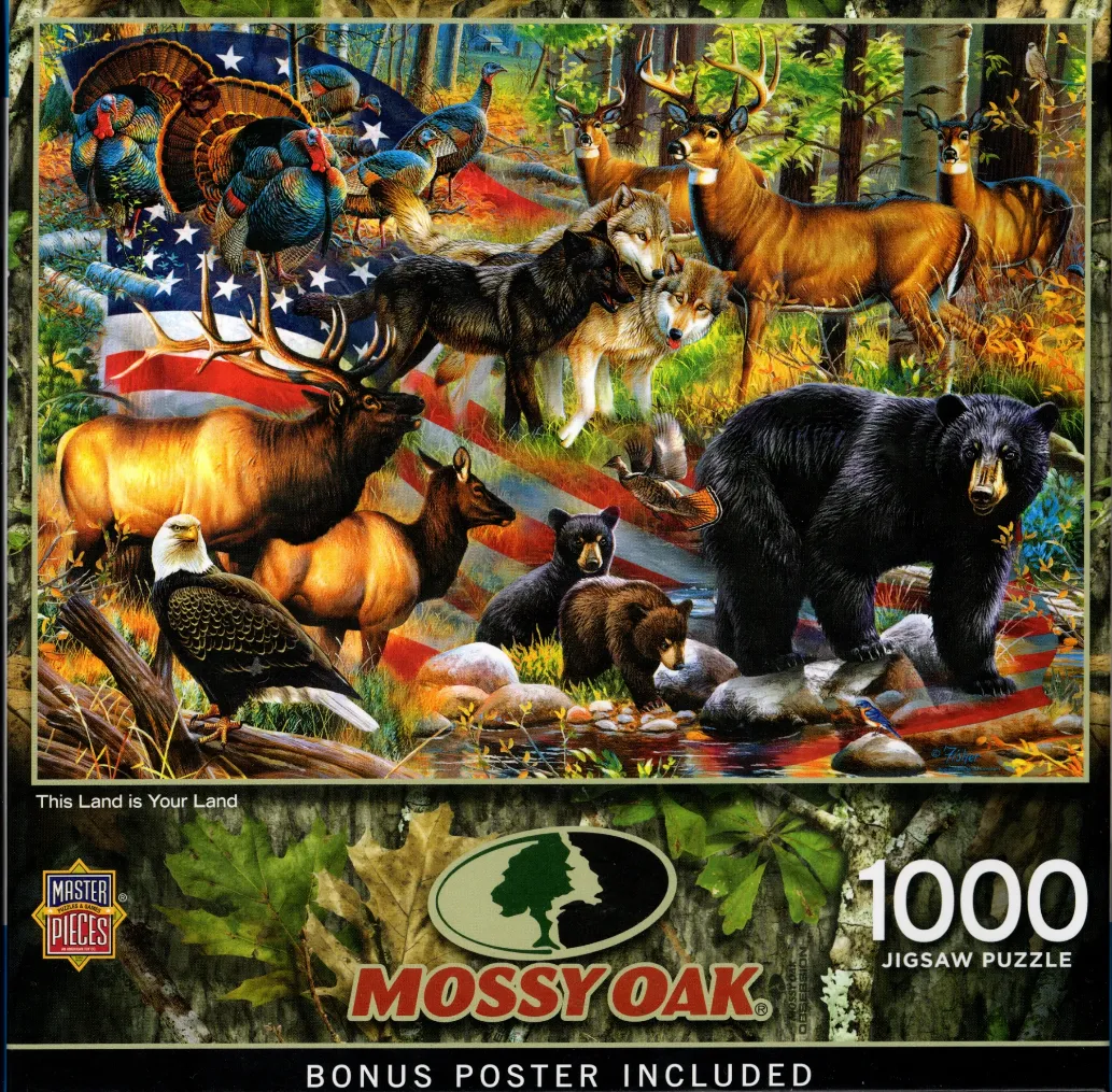 A montage of North American wildlife including a bald eagle, black bears, wolves, elk, and deer against a US flag background.