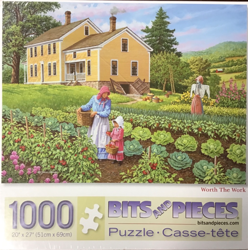 A woman and a young girl harvesting vegetables in a garden in front of a yellow farmhouse.