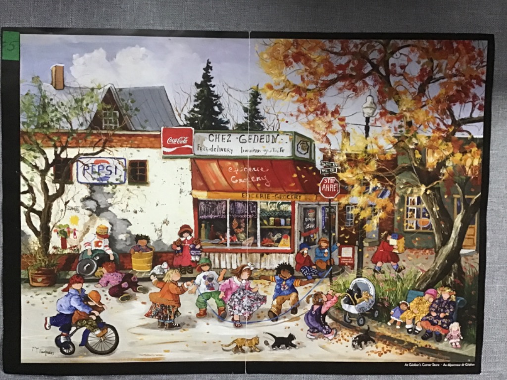 A whimsical autumn scene of children playing in front of a rustic corner grocery store.