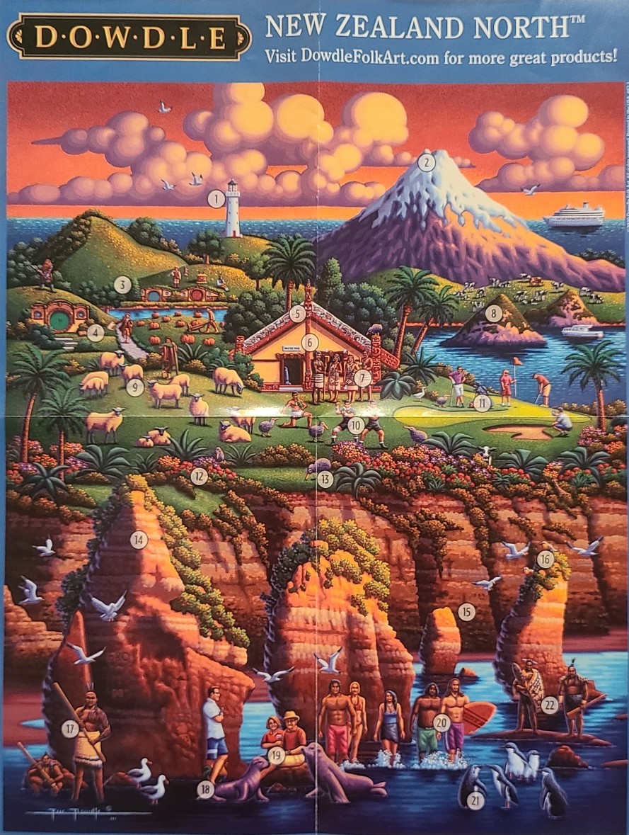 Folk art illustration of a New Zealand North Island landscape with mountains, Maori architecture, and coastal wildlife.