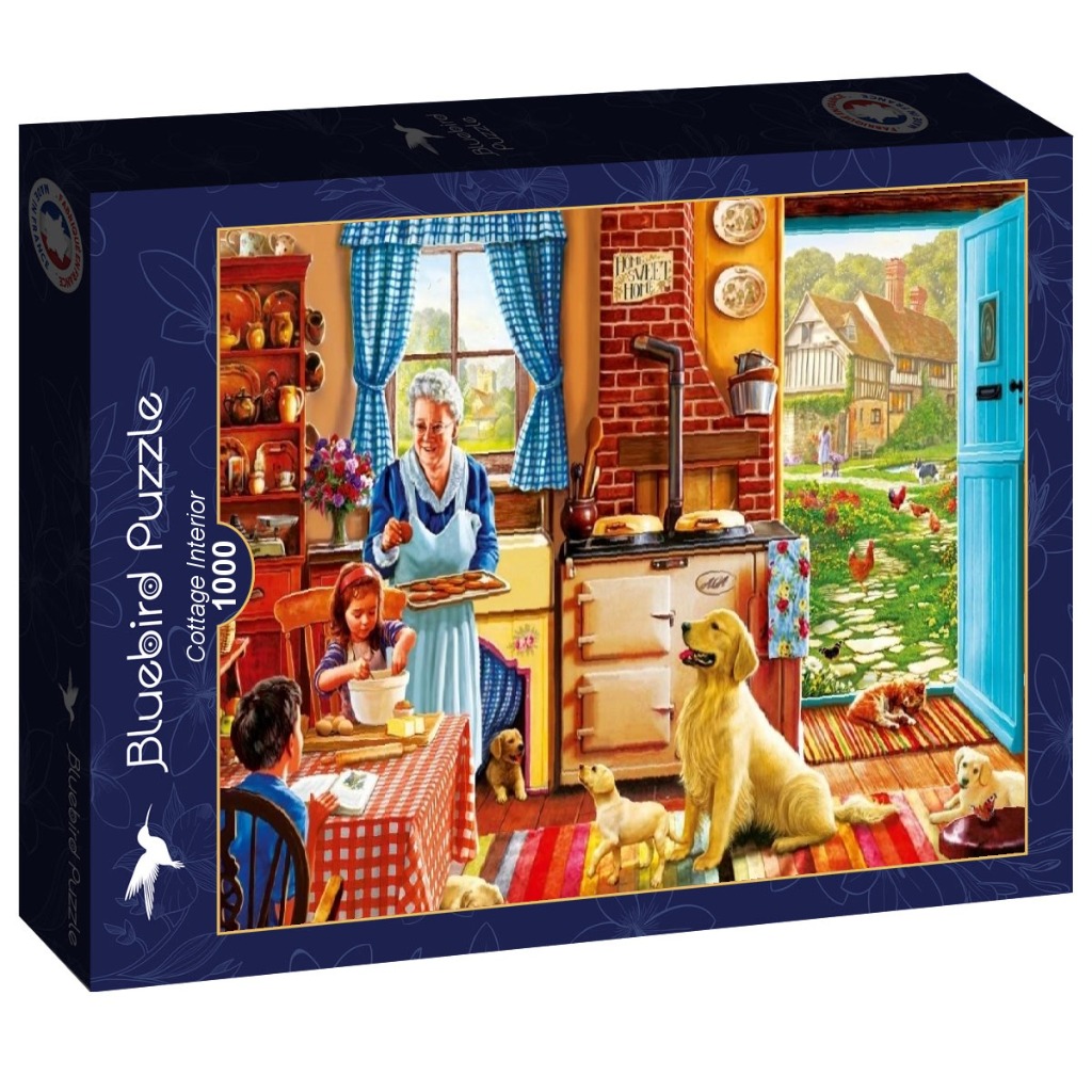 A grandmother and two children baking in a cozy cottage kitchen with several dogs in the room and an open garden door.