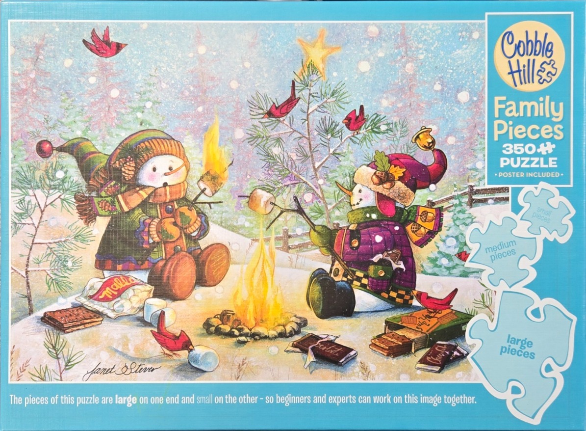 Two snowmen roasting marshmallows over a campfire in a snowy winter forest scene.