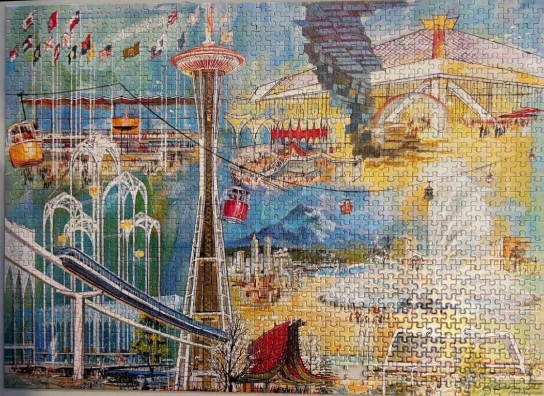 A vintage-style illustration of the 1962 Seattle World's Fair featuring the Space Needle, monorail, and fairgrounds.