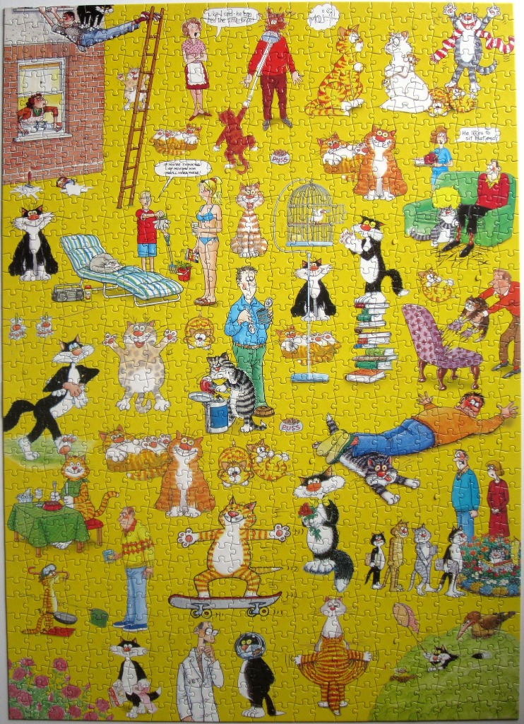 A vibrant cartoon illustration featuring dozens of mischievous cats interacting with humans in a yellow setting.