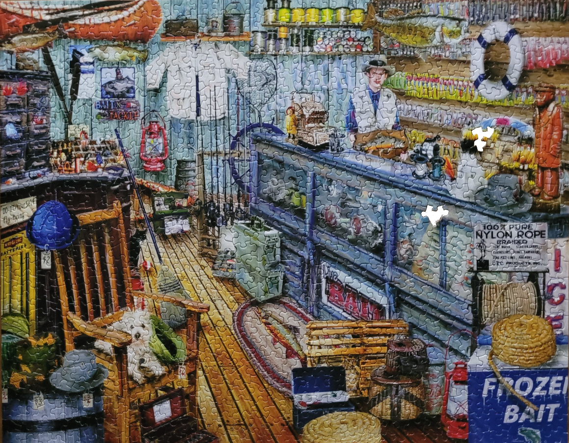 An illustration of a cluttered, cozy bait and tackle shop with a shopkeeper behind the counter.