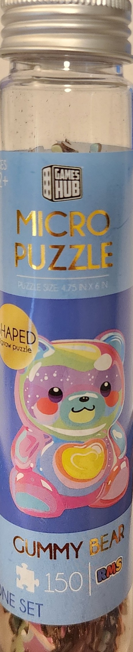 A cylindrical container featuring a cartoon illustration of a rainbow-colored gummy bear.