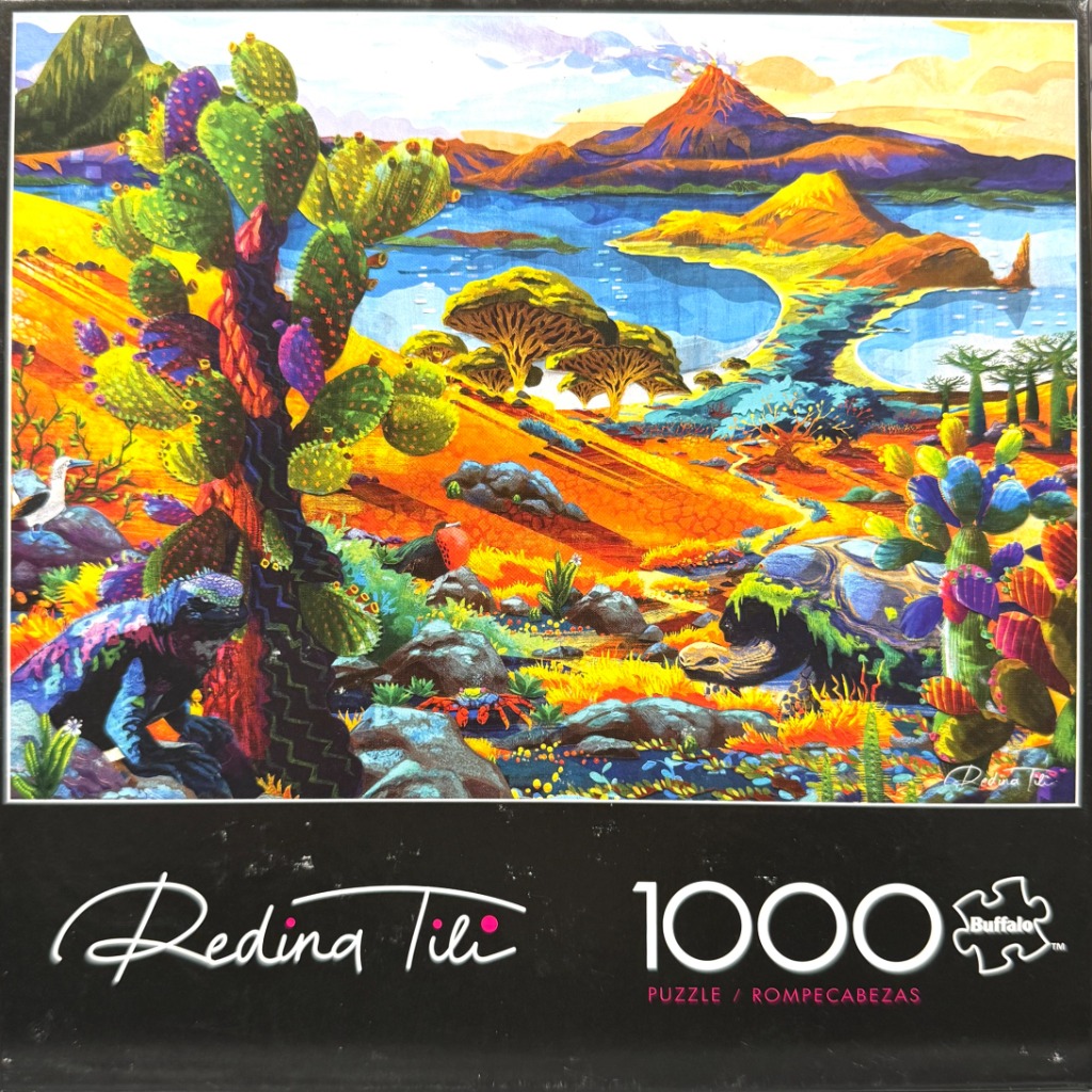 Stylized illustration of a vibrant, volcanic landscape with cacti, a tortoise, and exotic wildlife.