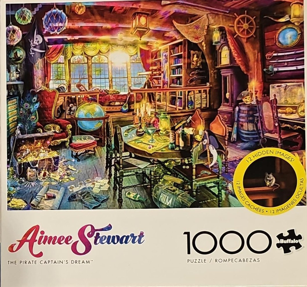 Illustration of a cluttered, cozy pirate captain's study filled with nautical treasures, maps, and artifacts.