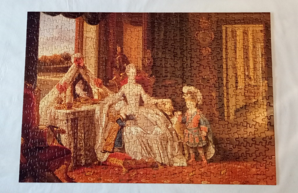 A Rococo-style painting depicting a noblewoman and child in a palatial room.