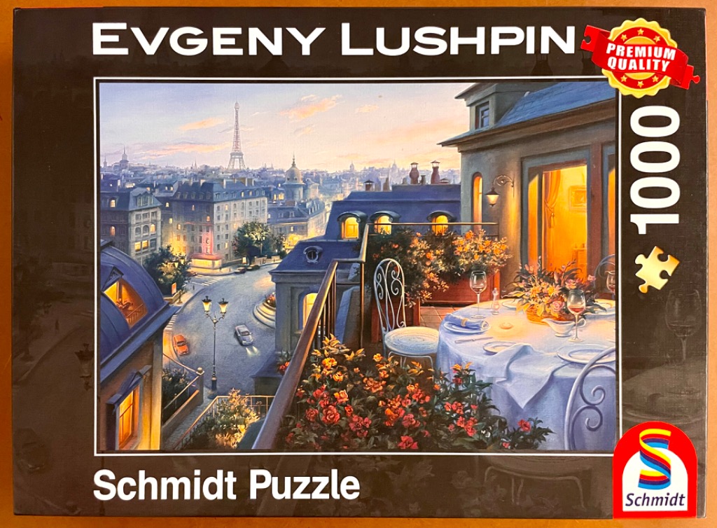 An oil painting of a romantic balcony dinner overlooking a Paris cityscape at twilight with the Eiffel Tower in the distance.