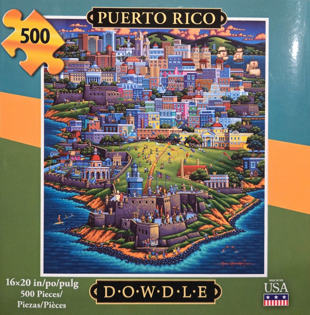 A whimsical folk-art style illustration of a coastal city in Puerto Rico with historical fortifications.