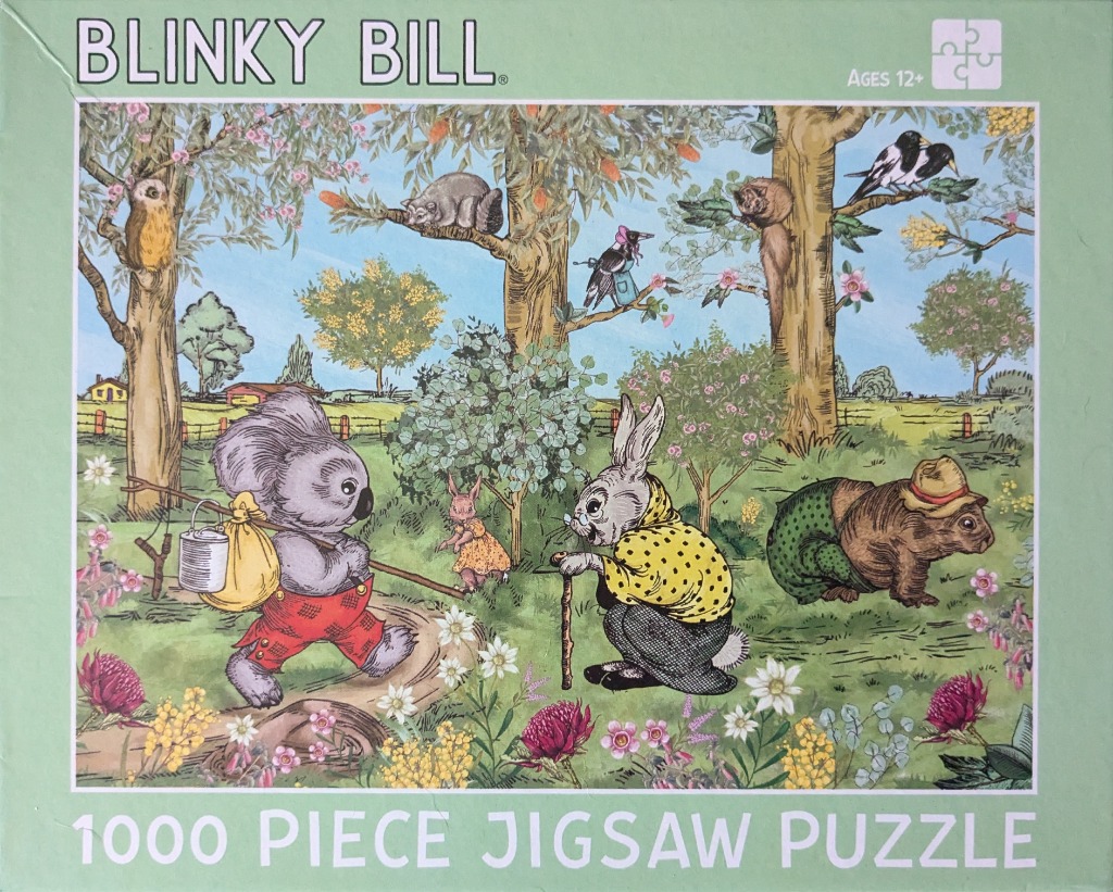 A whimsical illustration of Blinky Bill, an elderly rabbit, and a wombat in a lush, sunny Australian bushland.