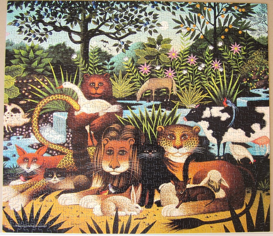 A whimsical illustration of many animals gathering in a lush, stylized forest landscape.