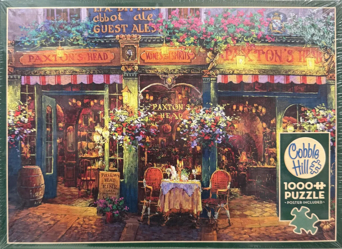 A cozy, painterly scene of the exterior of an English pub called Paxton’s Head, featuring floral displays and outdoor seating