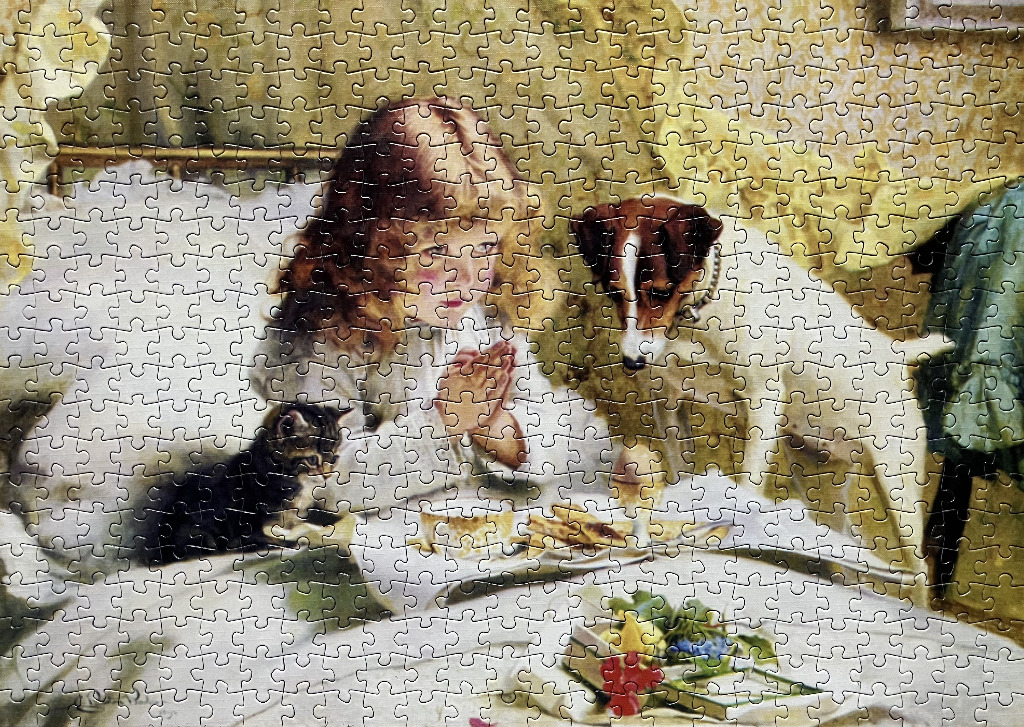 A young girl praying at a table with a dog and a kitten, in a vintage-style painting.