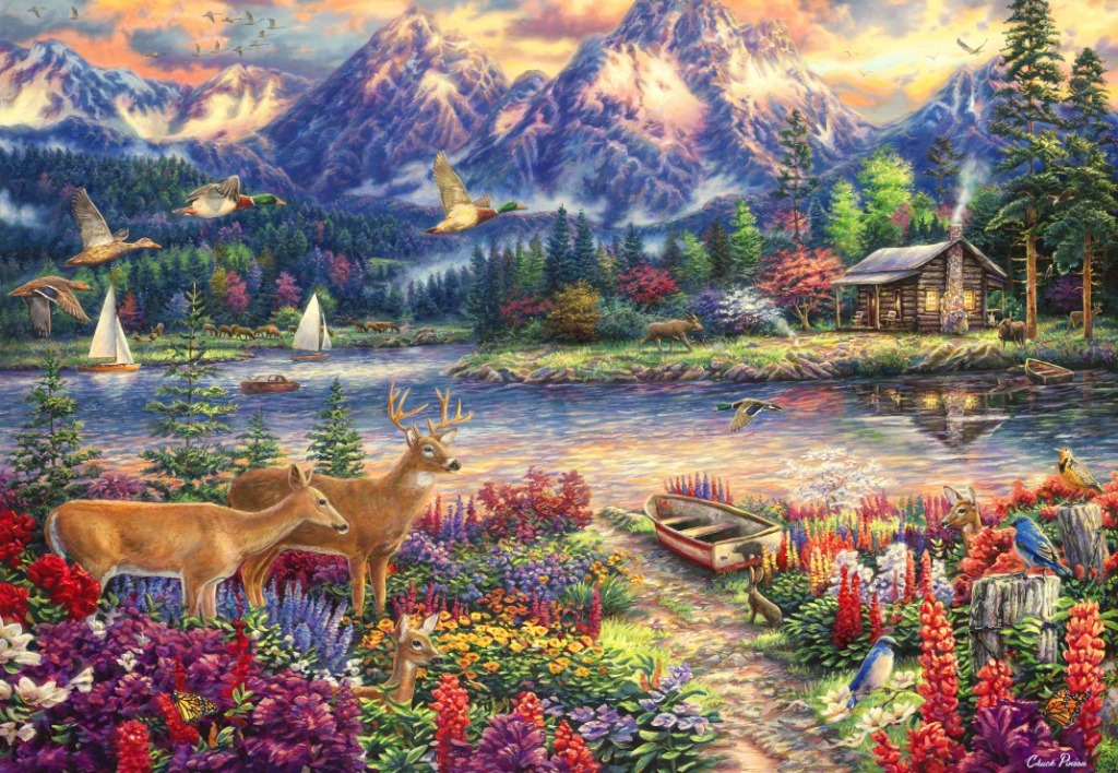 A peaceful mountain lake scene with deer, a log cabin, sailboats, and vibrant wildflowers at sunset.