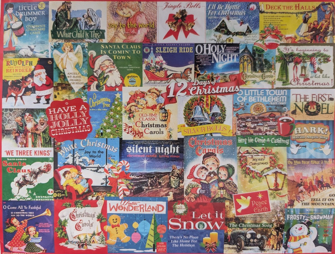A collage of vintage-style Christmas song sheet music covers and holiday imagery.
