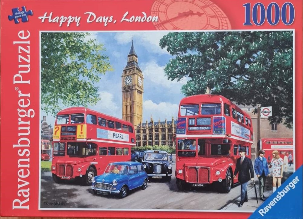 A street scene in London featuring red double-decker buses, a blue Mini, a black taxi, and the Elizabeth Tower.