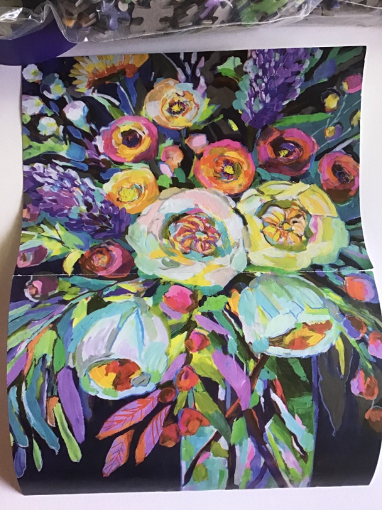 An expressive, vibrant painting of a lush floral bouquet against a dark background.