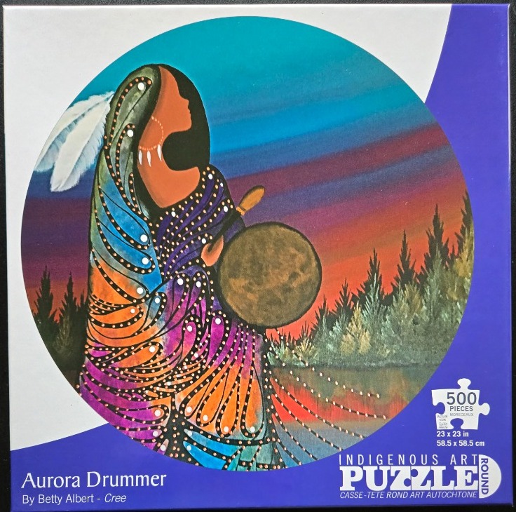 Indigenous art illustration of a woman in a colorful shawl drumming at sunset by a forest.