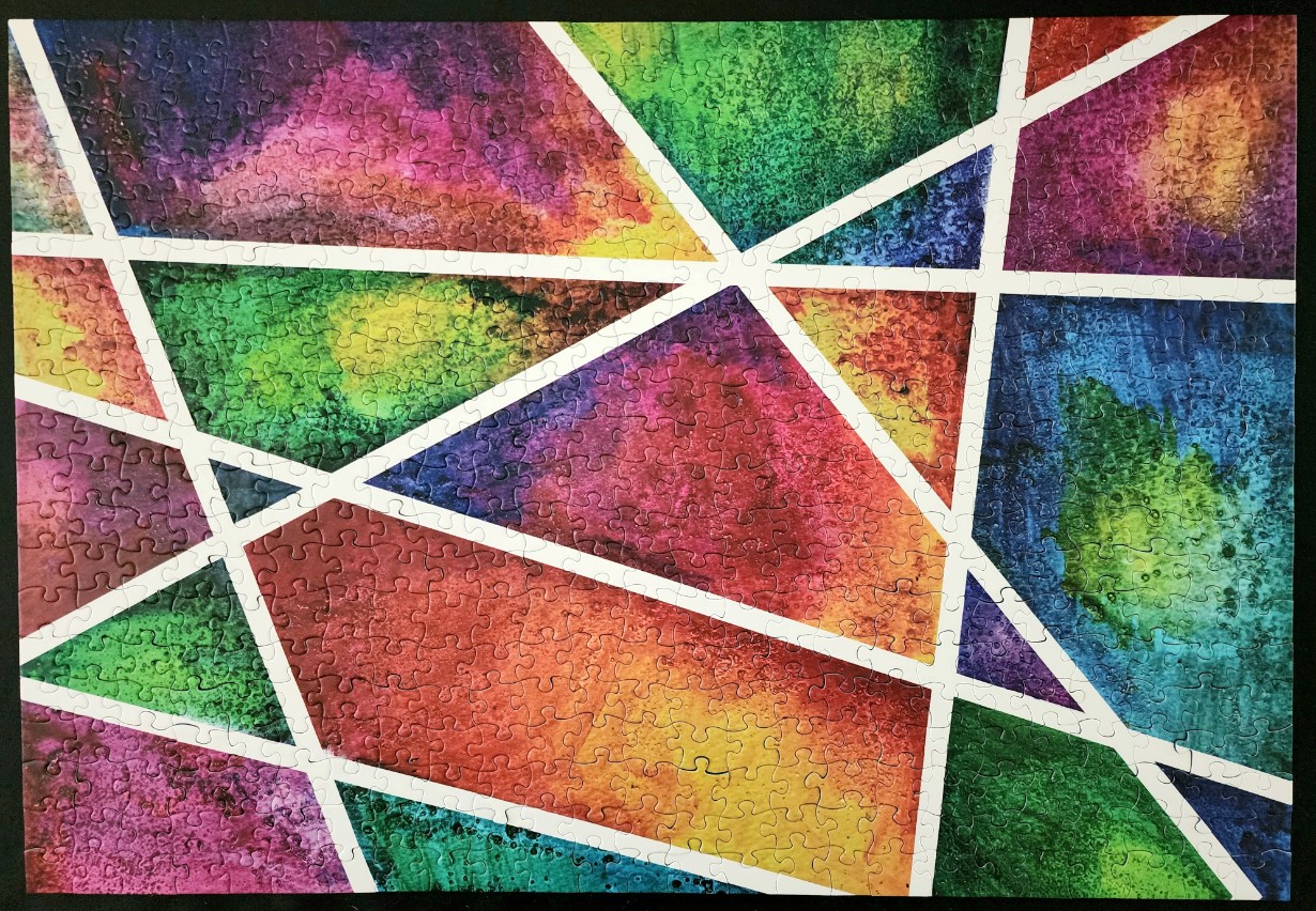 Abstract geometric painting with watercolor textures in vibrant shades of magenta, blue, green, and orange.