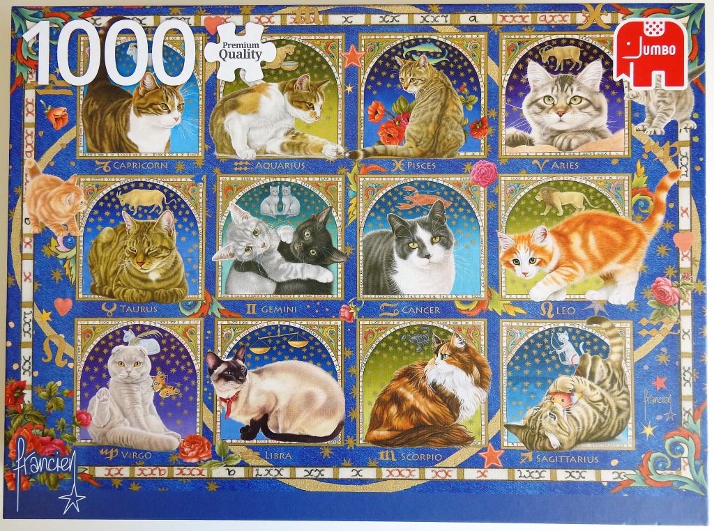 An illustration featuring twelve unique cats, each representing a sign of the zodiac inside decorative arched frames.