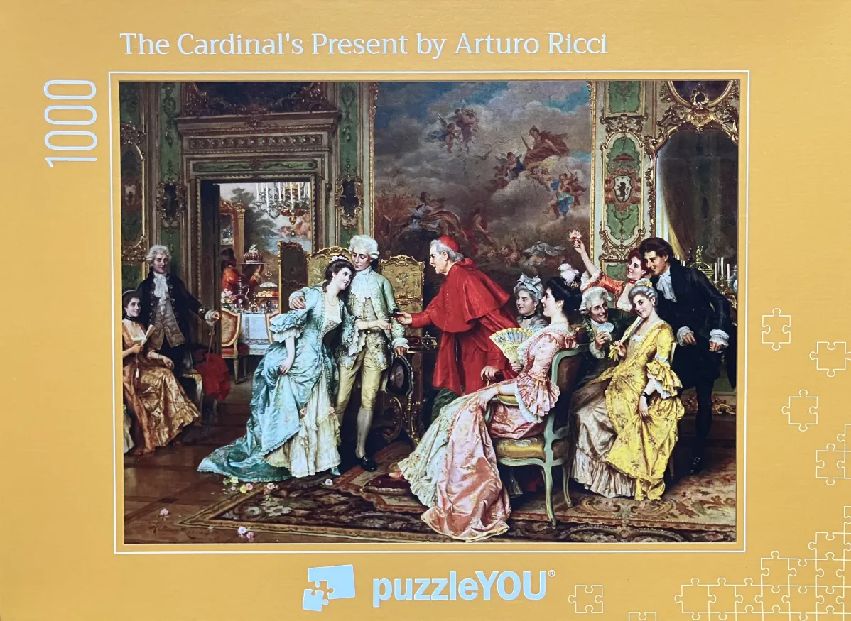 An oil painting of a 18th-century social gathering in an ornate room, centered on a cardinal presenting a gift to a woman.
