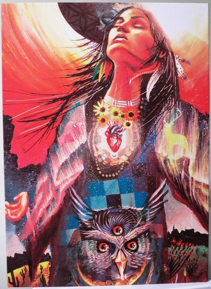 Surreal artistic portrait of a person with dark hair, a glowing heart, an owl, and vibrant red sunburst background.