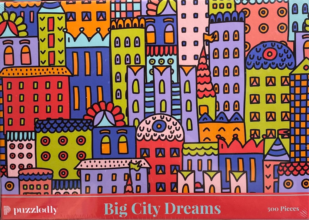 Whimsical, colorful illustration of a stylized, abstract cityscape with overlapping buildings.